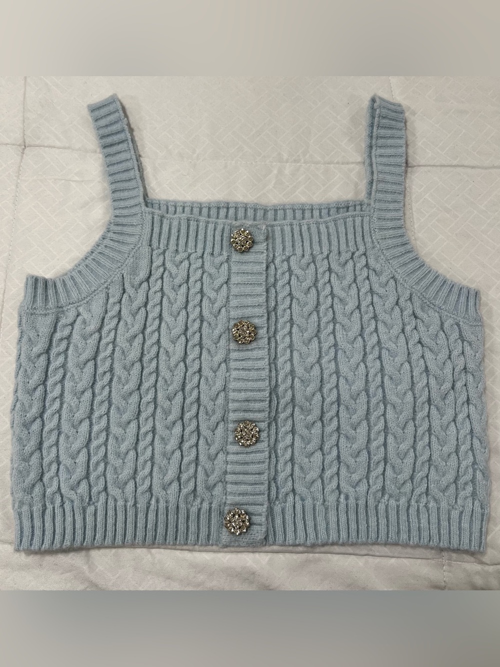 NWT Papaya Baby Blue Cable Knit Crop Top Square Neck Jeweled Buttons Size Small